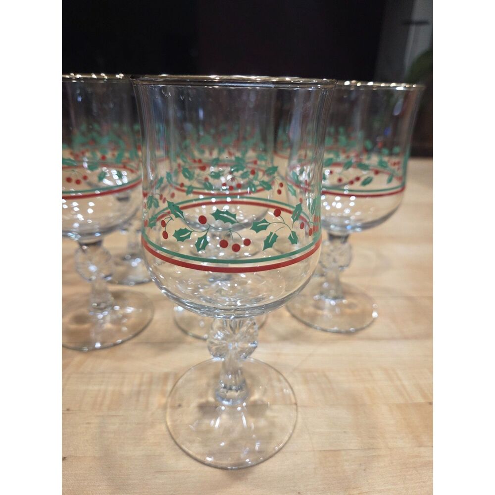 Vintage Libbey Holly Berry Bow Stem Christmas Wine Goblets Set of 7